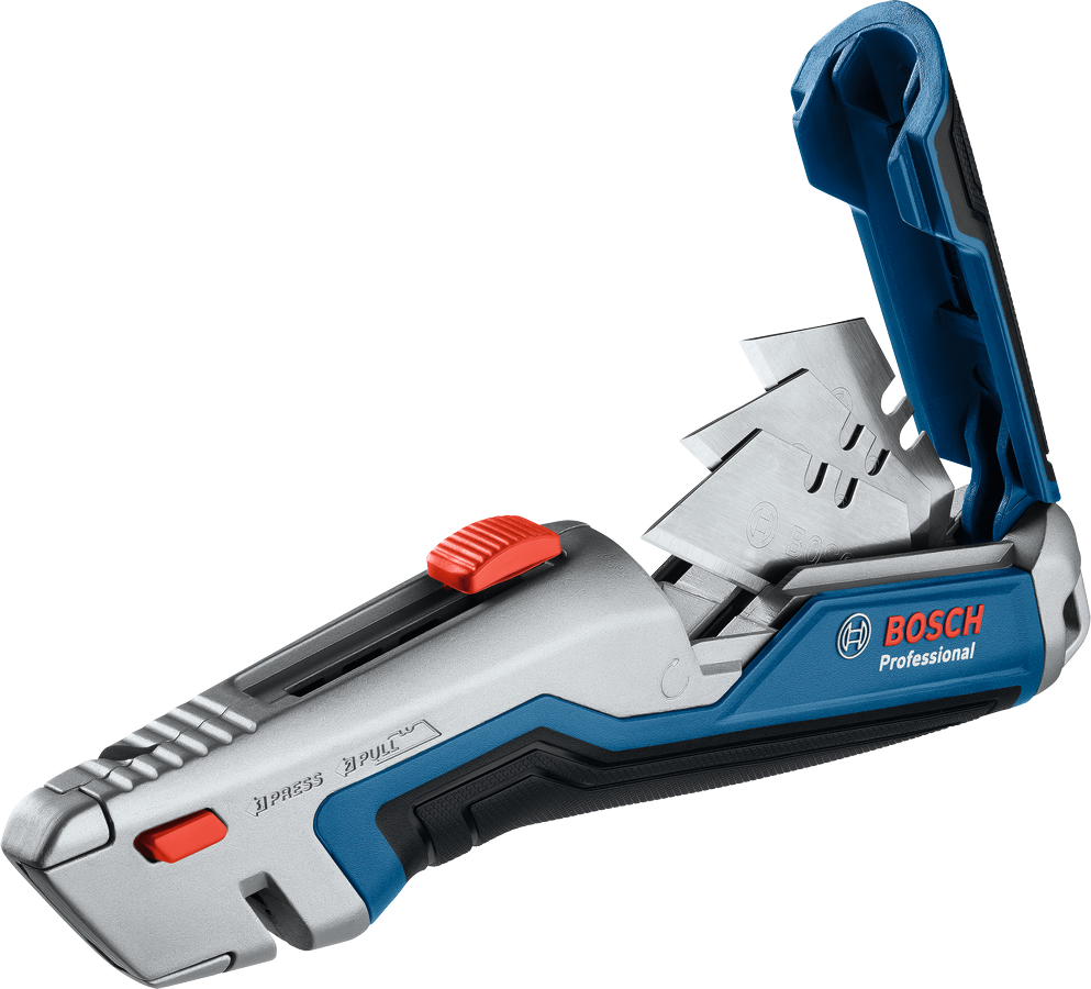 Pisau karpet lipat universal Bosch dengan mata pisau cadangan.