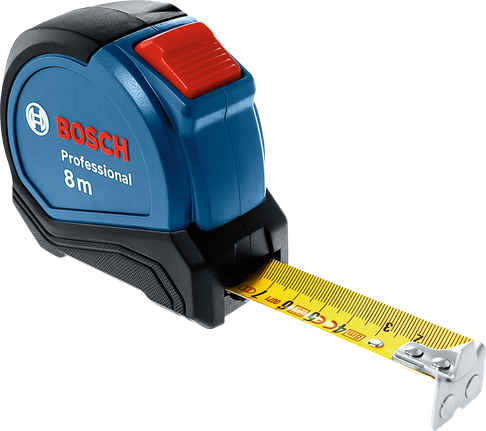 Meteran pita Bosch 8m dengan mata pisau kuning yang diperpanjang.