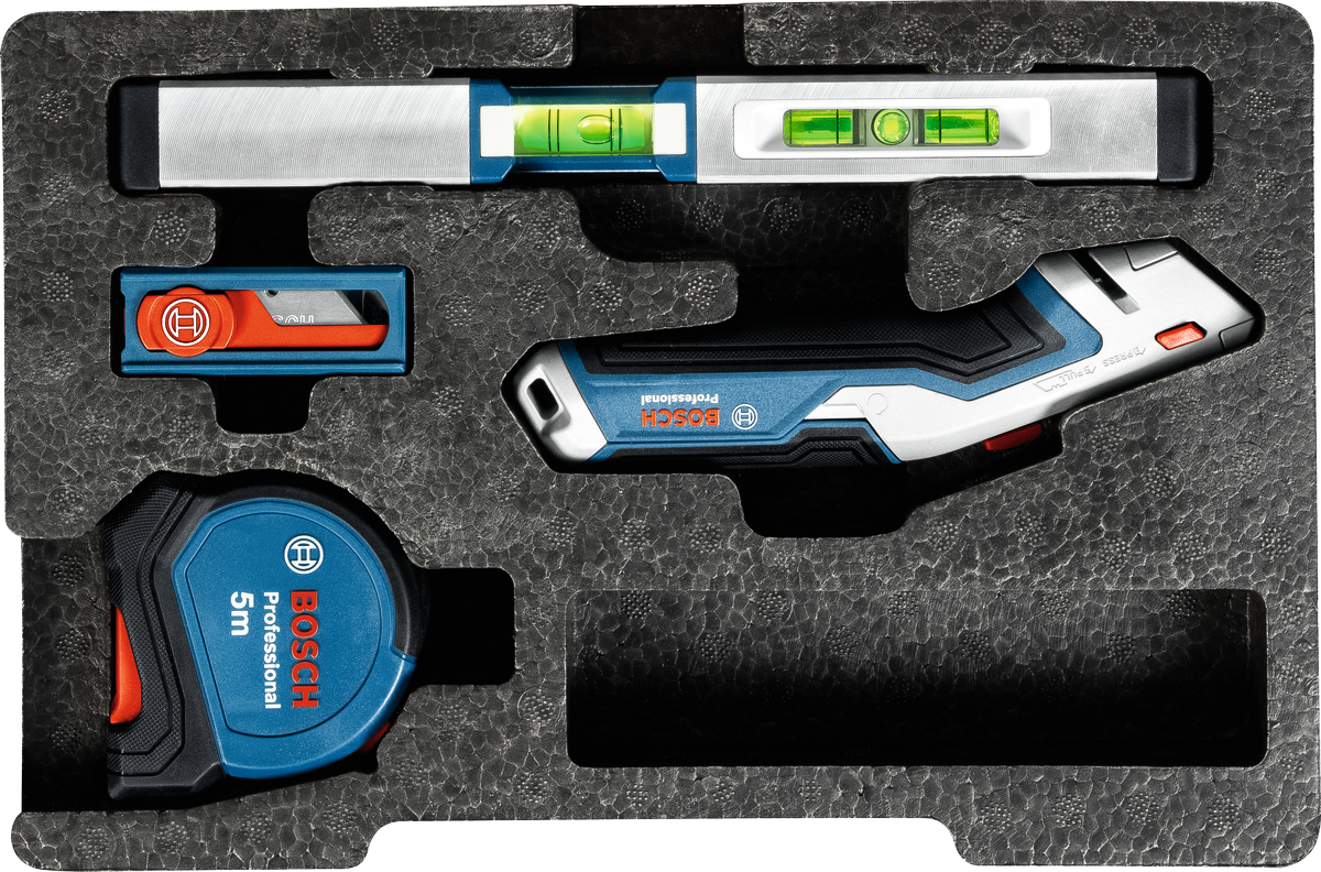 Set Perkakas Tangan Bosch 13 buah dengan level, pemotong, dan pita pengukur.