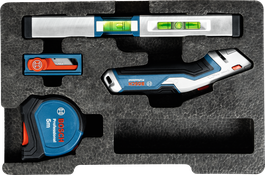 Set Perkakas Tangan Bosch 13 buah dengan level, pemotong, dan pita pengukur.