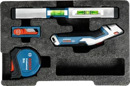 Set Perkakas Tangan Bosch 13 buah dengan level, pemotong, dan pita pengukur.