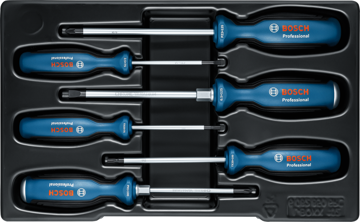 Set obeng Bosch SL/PH/PZ/TX 6 buah dengan gagang multi-komponen.