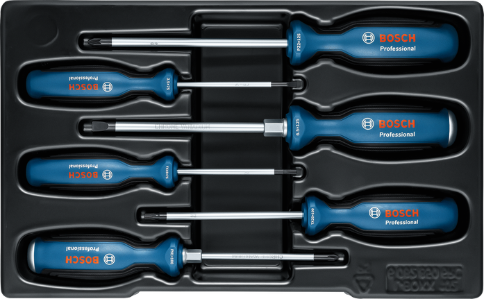 Set obeng Bosch SL/PH/PZ/TX 6 buah dengan gagang multi-komponen.