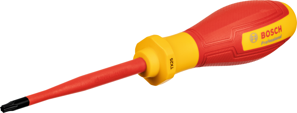 Obeng Bosch VDE TX25x100 dengan gagang berinsulasi.