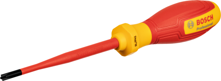 Obeng Bosch VDE SL/PH1x100 dengan gagang berinsulasi.