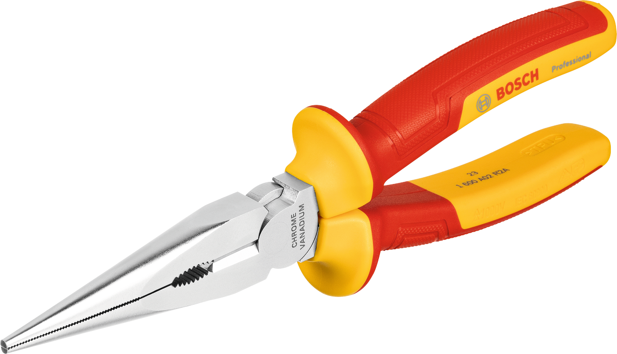 Tang hidung panjang Bosch VDE 200 mm dengan gagang berinsulasi.