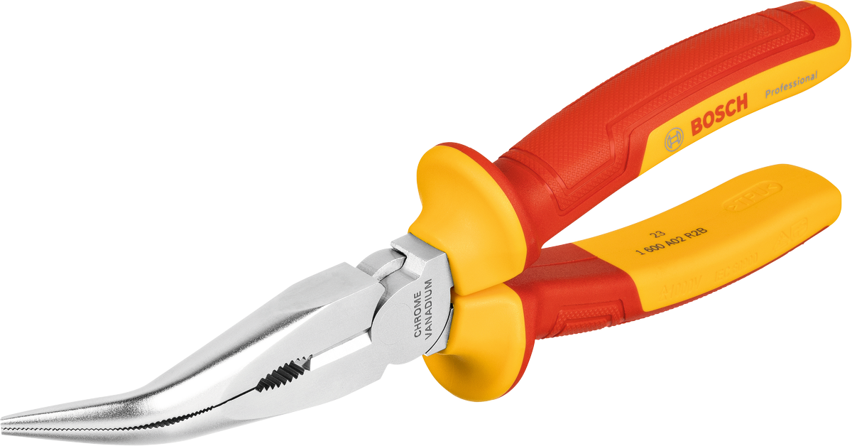 Tang hidung panjang Bosch VDE yang dibengkokkan 40°, 200 mm.