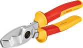 Gunting kabel Bosch VDE dengan gagang isolasi merah kuning.