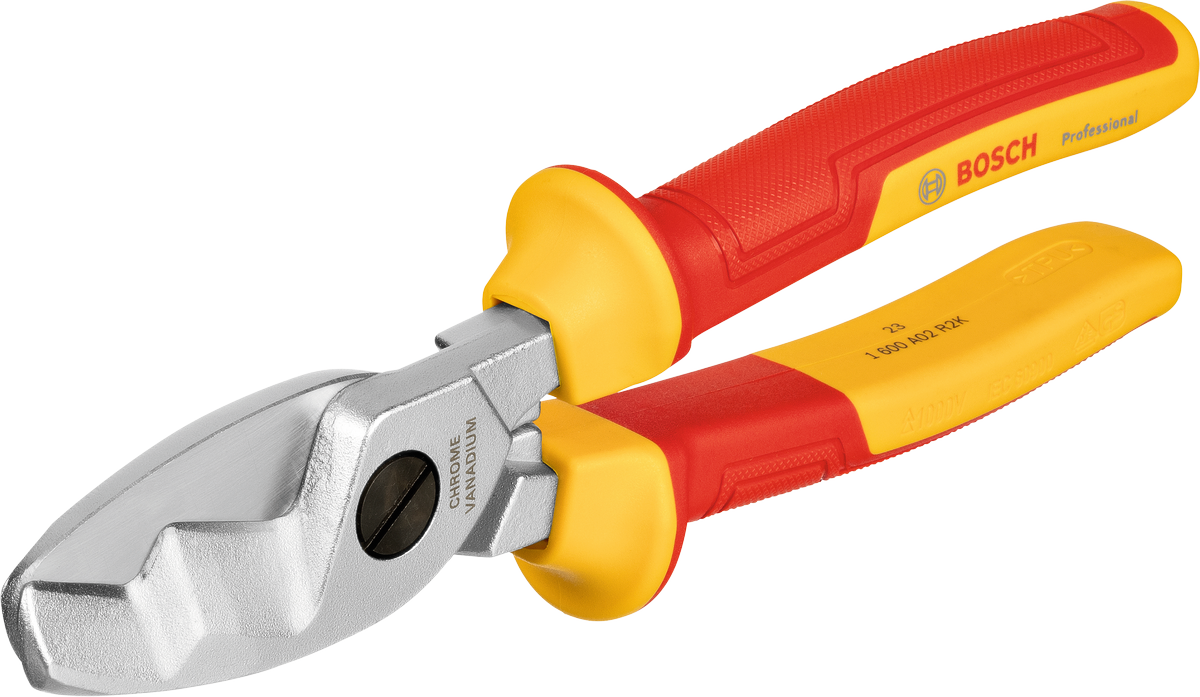 Gunting kabel Bosch VDE dengan gagang isolasi merah kuning.