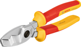 Gunting kabel Bosch VDE dengan gagang isolasi merah kuning.