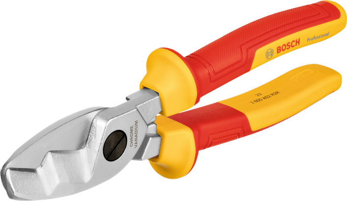 Gunting kabel Bosch VDE dengan gagang isolasi merah kuning.