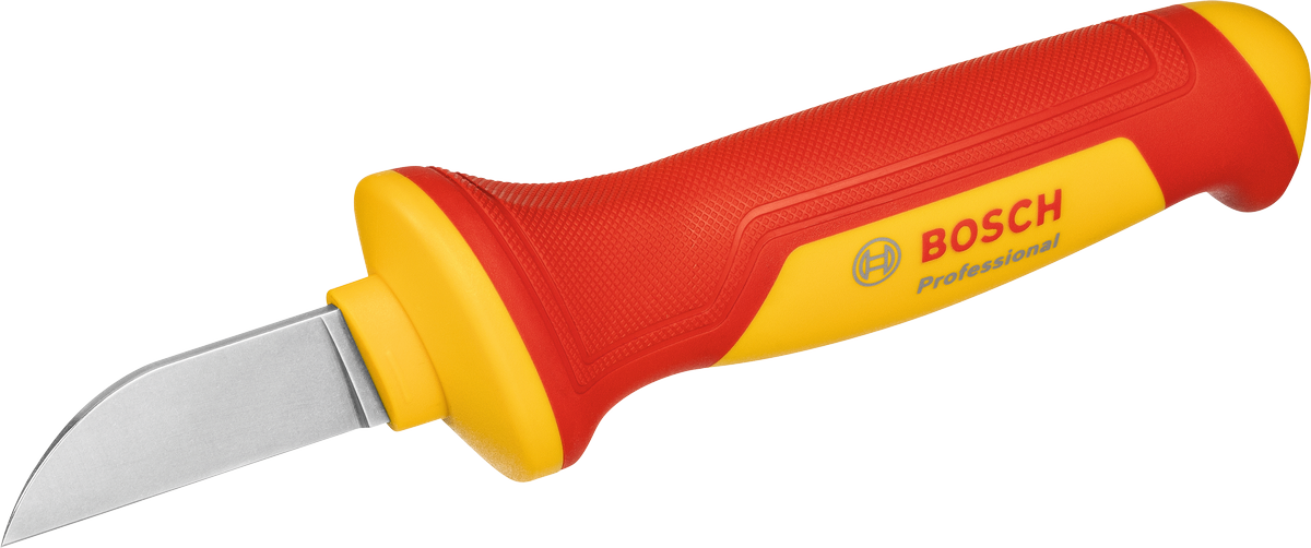 Pisau kabel Bosch VDE dengan gagang berisolasi merah dan kuning.