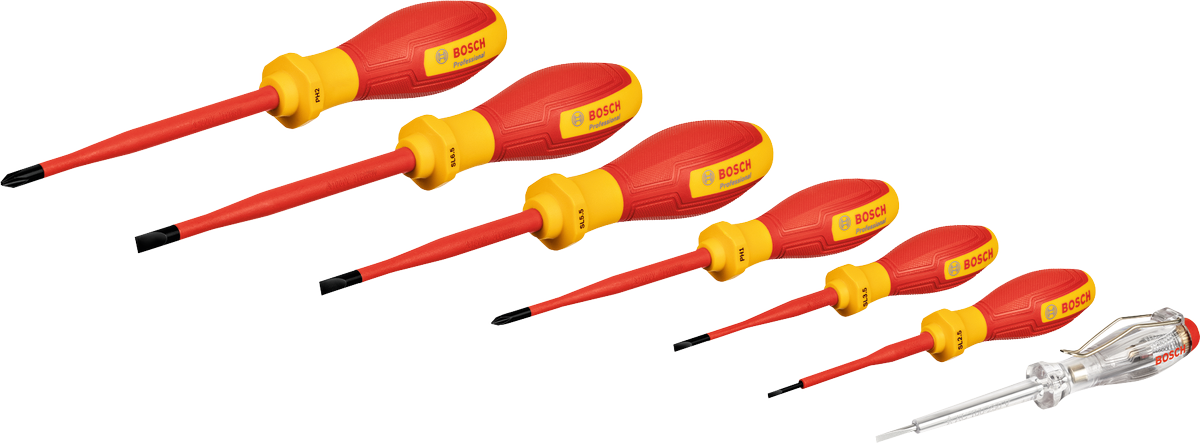 Set obeng Bosch VDE SL/PH 7 buah untuk tegangan hingga 1000V.