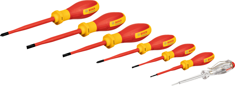 Set obeng Bosch VDE SL/PH 7 buah untuk tegangan hingga 1000V.