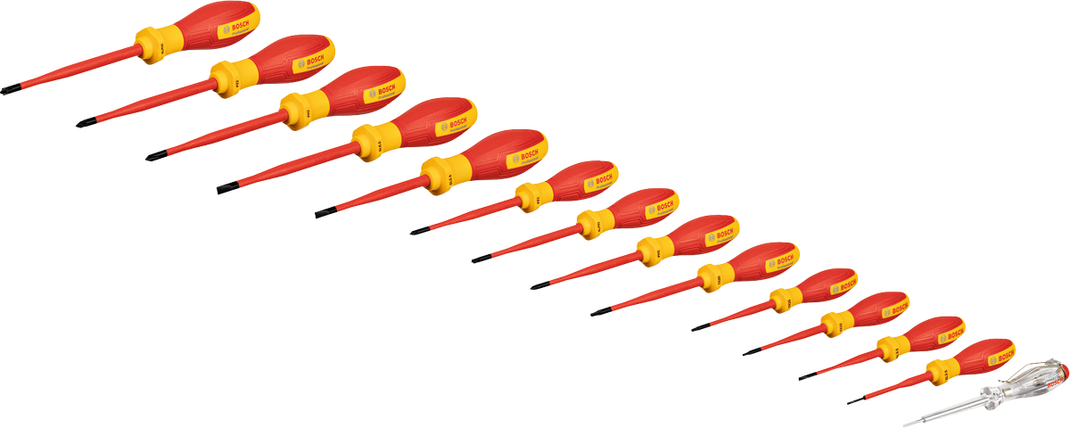 Set obeng Bosch VDE isi 14 buah untuk tegangan hingga 1000V.