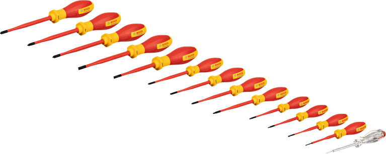 Set obeng Bosch VDE isi 14 buah untuk tegangan hingga 1000V.