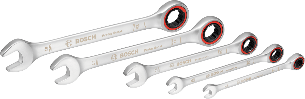 Set kunci ratchet Bosch 5 buah dengan ujung terbuka dan ujung cincin.