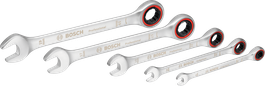 Set kunci ratchet Bosch 5 buah dengan ujung terbuka dan ujung cincin.
