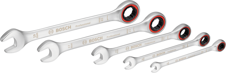 Set kunci ratchet Bosch 5 buah dengan ujung terbuka dan ujung cincin.
