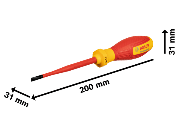 Obeng berinsulasi Bosch VDE SL4.5x100 dengan panjang 200 mm.
