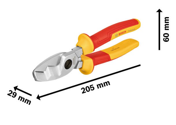 Gunting kabel Bosch VDE 200 mm dengan gagang berinsulasi.