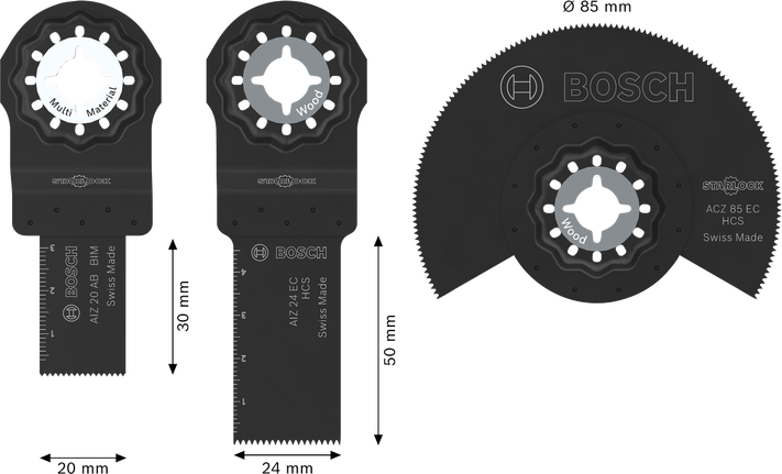 Set bilah pisau kayu dan logam lunak Bosch , 3 buah.
