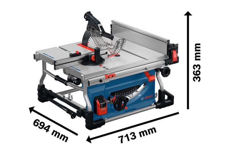 Gergaji meja Bosch GTS100-254 dengan dimensi yang ditampilkan.