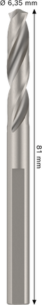 Bor pilot Bosch HSS-G 6,35 mm untuk arbor standar.