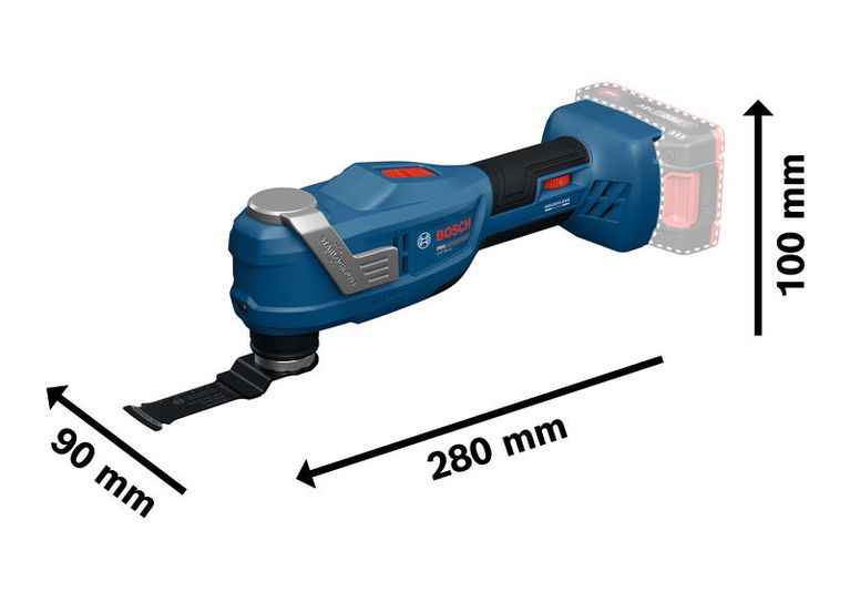 Alat multifungsi Bosch GOP18V-30 dengan dimensi yang ditampilkan.