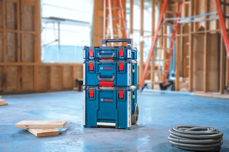 Sistem penyimpanan peralatan kontraktor Bosch L-Boxx di atas roda.