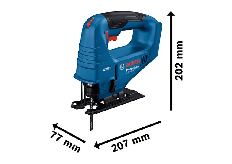 Mesin gergaji listrik tanpa kabel Bosch GST 183-LI dengan dimensi yang tertera.