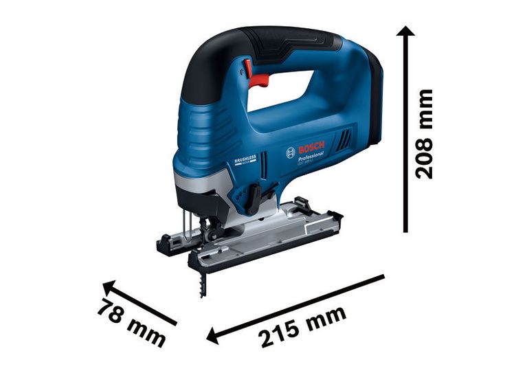Gergaji ukir tanpa kabel Bosch GST 185-LI dengan gagang busur dan dimensi.