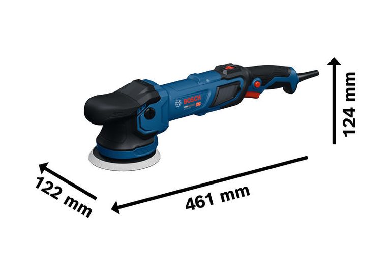 Mesin poles Bosch GPX9-125S dengan dimensi yang ditunjukkan.
