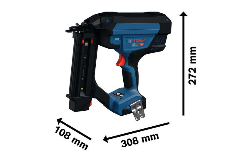 Mesin paku tanpa kabel Bosch GNH18V-50-2M dengan dimensi.