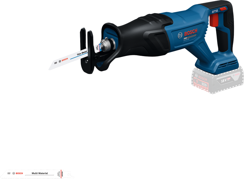 Gergaji bolak-balik Bosch GSA 18V-28 dengan mata gergaji.