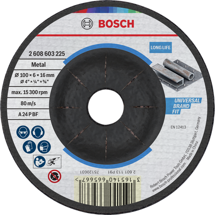 Cakram gerinda logam Bosch 100 x 6 x 16 mm untuk pemasangan universal.