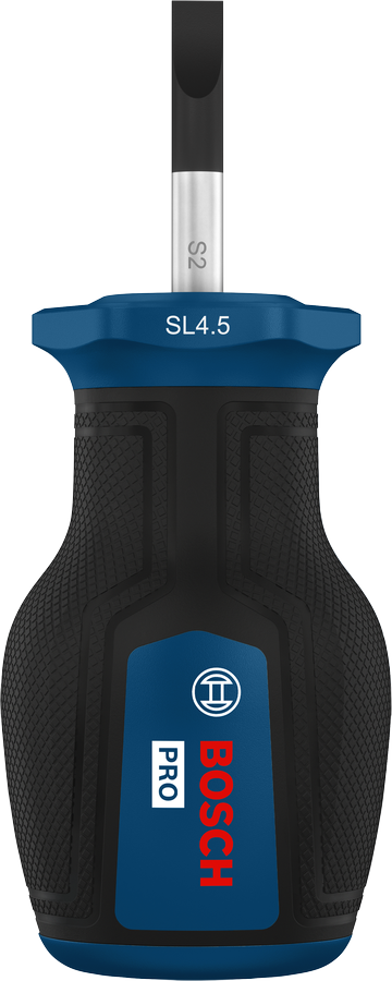 Obeng Pendek Bosch PRO SL1.0x4.5 dengan pegangan ergonomis.