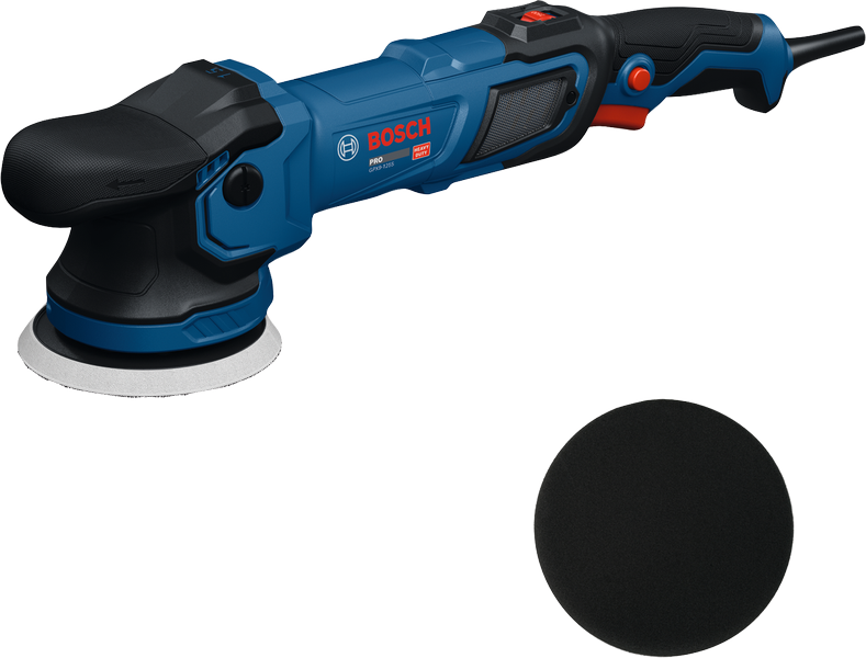 Mesin poles orbital acak Bosch GPX9-125S dengan bantalan.