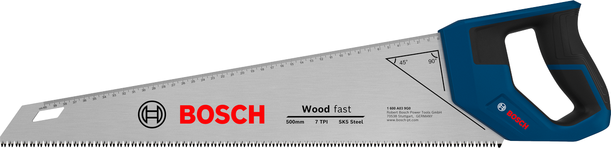 Gergaji tangan Bosch 500 mm 7 TPI untuk memotong kayu.