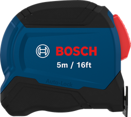 Meteran pita Bosch 5m 16ft dengan fitur pengunci otomatis.