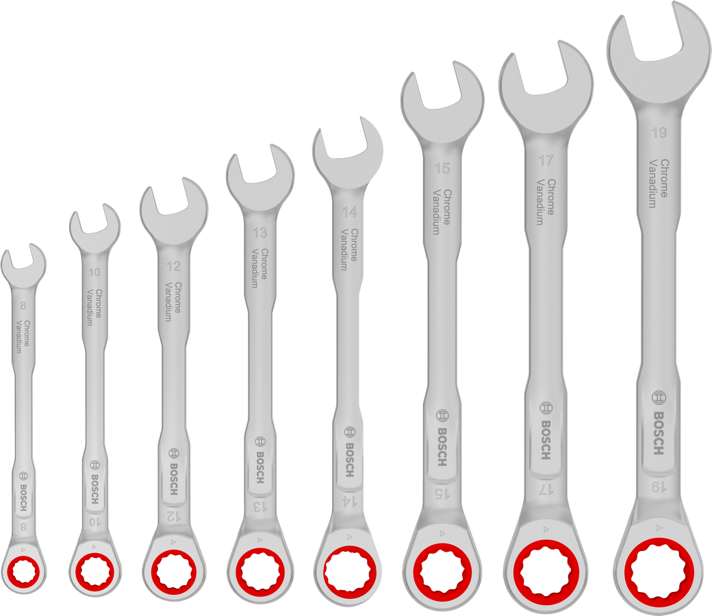 Set kunci kombinasi ratchet Bosch 8-19 mm, torsi 50 persen lebih besar.