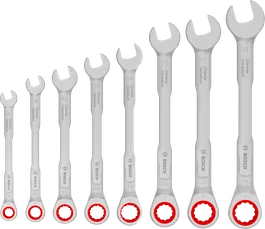 Set kunci kombinasi ratchet Bosch 8-19 mm, torsi 50 persen lebih besar.