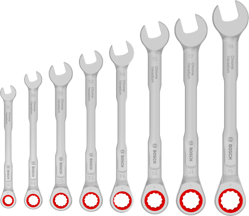 Set kunci kombinasi ratchet Bosch 8-19 mm, torsi 50 persen lebih besar.