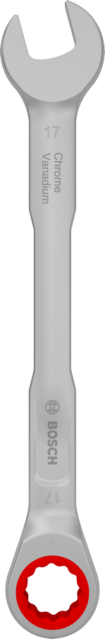 Kunci kombinasi ratchet Bosch 17 mm Chrome Vanadium.