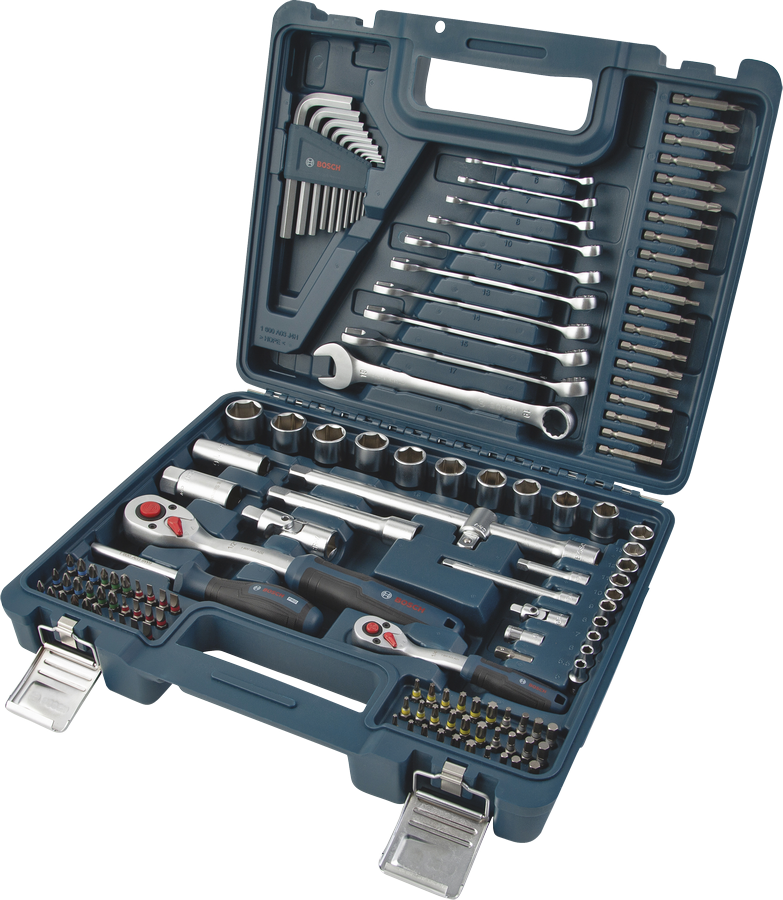 Set perkakas tangan Bosch lengkap isi 134 buah dalam kotak biru.