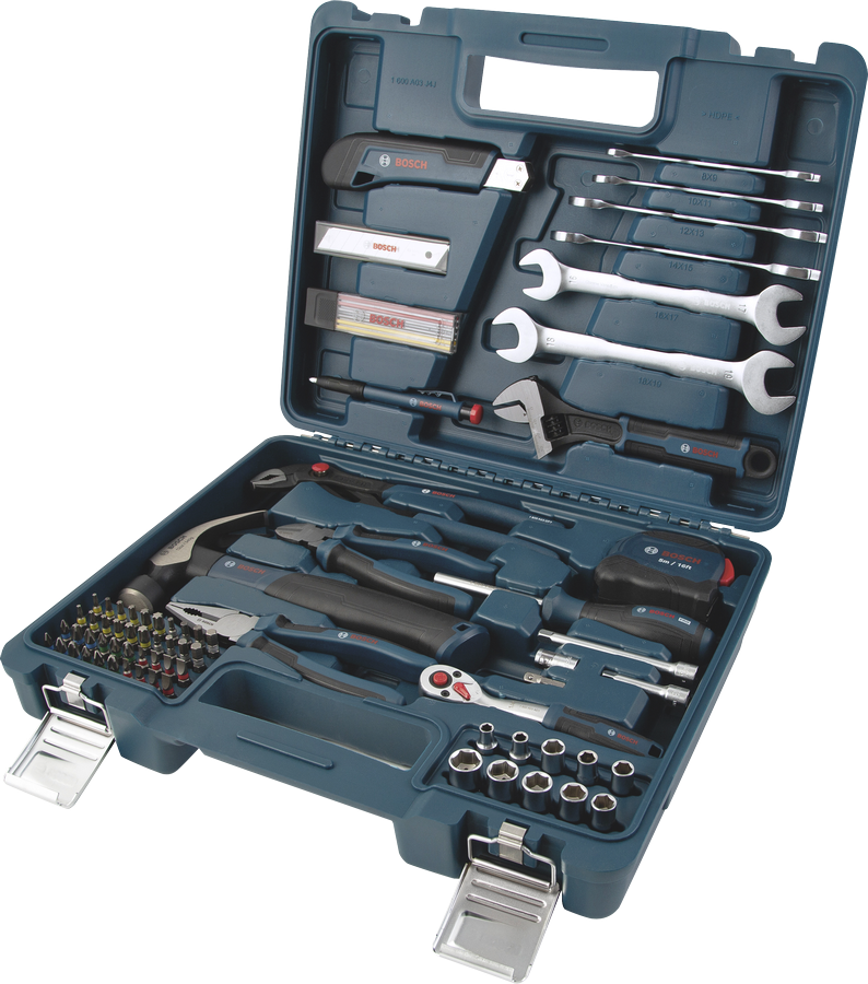 Set perkakas tangan Bosch lengkap berisi 89 buah, dalam kotak penyimpanan berwarna biru.