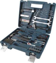 Set perkakas tangan Bosch lengkap berisi 89 buah, dalam kotak penyimpanan berwarna biru.