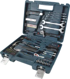Set perkakas tangan Bosch lengkap berisi 89 buah, dalam kotak penyimpanan berwarna biru.