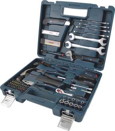 Set perkakas tangan Bosch lengkap berisi 89 buah, dalam kotak penyimpanan berwarna biru.