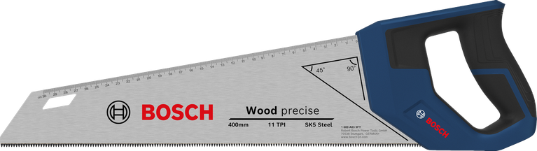 Gergaji tangan Bosch 400 mm 11 TPI untuk pemotongan kayu yang presisi.
